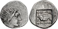 Greek ISLANDS off CARIA, Rhodos. Rhodes. Circa 88-84 BC. AR Drachm (15mm, 2.29 g, 12h). 'Plinthophoric' coinage. Philon, magistrate. Radiate head of Helios right / Rose with bud to right; ΦIΛΩN above,