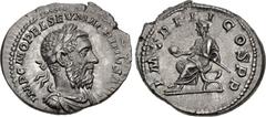 Roman Imperial Macrinus. AD 217-218. AR Denarius (20.5mm, 3.26 g, 12h). Rome mint, 5th officina. 2nd emission, AD 217-218. Laureate, draped, and cuirassed bust right / Macrinus seated left on curule c