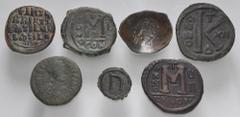 Large Lots BYZANTINE. Lot of seven (7) mostly bronze issues. Includes: Anastaius I. Æ Half Follis // Justinian I. Æ Half Follis // Justin II, with Sophia. Æ Follis // Maurice Tiberius. Æ Pentanummium 