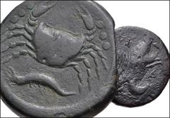 GREEK. Magna Graecia & Sicily. Lot of Two (2) Æ of Akragas. All coins: Sicily, Akragas. Æ 28mm. Eagle carrying hare / Crab // Æ 17mm. Eagle carrying hare / Crab. Fine. LOT SOLD AS IS, NO RETURNS. Two 