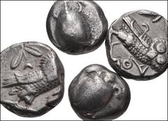 GREEK. Central & Southern Greece. Lot of Four (4) AR of Athens and Aegina. Includes: Attica, Athens. Helmeted head of Athena right / Owl standing right, head facing; olive sprig and crescent behind; a