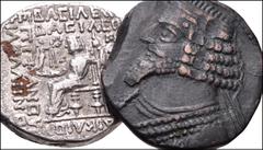 ORIENTAL GREEK. Parthia. Lot of Two (2) Tetradrachms of Orodes II and Tiridates. Includes: AR Tetradrachm. Orodes II // Æ Tetradrachm. Tiridates. Near VF. LOT SOLD AS IS, NO RETURNS. Two (2) coins in 