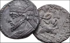 ORIENTAL GREEK. Parthia. Lot of Two (2) BI Tetradrachms of Vologases IV. All coins: BI Tetradrachms. Diademed bust left, tapering beard, earring visible, wearing tiara; letter behind / Vologases seate