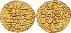 Islamic Ottoman Empire. Mehmet III. AH 1003-1012 / AD 1595-1603. AV Sultani (20.5mm, 3.43 g, 6h). Haleb (Aleppo) mint. Dated AH 1003 (AD 1595). Damali 13-HP-A1d; Sultan –; Pere 320. Light scuff on obv