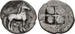Greek KINGS of MACEDON. Alexander I. 498-454 BC. AR Obol (10mm, 0.61 g). Aigai mint. Struck circa 470-460 BC. Horse standing right / Quadrapartite incuse square. Cf. Raymond Group II, pl. IX, c (diobo