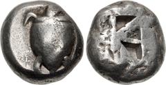Greek ISLANDS off ATTICA, Aegina. Circa 525-480 BC. AR Stater (18mm, 12.54 g). Sea turtle, head in profile, with thick collar [and row of dots down its back] / Incuse square of 'Union Jack' pattern wi