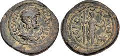 Roman Provincial PAMPHYLIA, Perge. Julia Mamaea. Augusta, AD 222-235. Æ (23.5mm, 8.12 g, 12h). Draped bust right, wearing stephane, crescent on shoulders / Artemis standing facing, head right, crescen