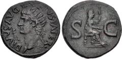 Roman Imperial Divus Augustus. Died AD 14. Æ As (27.5mm, 11.25 g, 12h). Rome mint. Struck under Tiberius, circa AD 15-16. Radiate head of Augustus left; thunderbolt to left, star above / Female figure