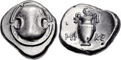BOEOTIA, Thebes. Circa 395-338 BC. AR Stater (21mm, 12.07 g). Hike-, magistrate. Struck circa 390-382 BC. Boeotian shield / Amphora; wreath above, HI-KE across field; all within concave circle. Hepwor