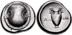 BOEOTIA, Thebes. Circa 395-338 BC. AR Stater (21mm, 12.06 g). Daim-, magistrate. Struck circa 379-368 BC. Boeotian shield / Amphora; ΔA-IM across central field; all within concave circle. Hepworth 18 