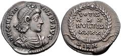 Constantius II. AD 337-361. AR Siliqua (19mm, 2.04 g, 12h). Sirmium mint. Struck AD 351-355. Diademed, draped, and cuirassed bust right / VOTIS/ XXX/ MVLTIS/ XXXX in four lines within wreath; SIRM. RI