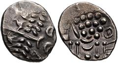 CELTIC, Durotriges. Uninscribed. Circa 65 BC-AD 45. Pale AV Stater (18mm, 5.80 g, 1h). Durotrigan E, Abstract (Cranborne Chase) type. Devolved head of Apollo right / Disjointed horse left; pellets abo