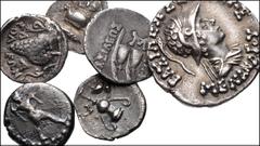 GREEK. Miscellaneous. Lot of Six (6) AR from Calabria to Baktria. Includes: Calabria, Tarentum. AR Obol // Lucania, Sybaris. AR Diobol. // Cilicia, Soloi. AR Obol // Mysia, Kyzikos. AR Obol // Greco-B
