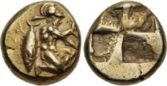 Greek MYSIA, Kyzikos. Circa 550-450 BC. EL Hekte – Sixth Stater (10.5mm, 2.66 g). Hoplite, nude but for crested helmet, kneeling right, [bow hanging from arm, testing arrow]; to left, tunny downward /