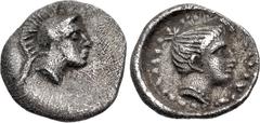 Greek DYNASTS of LYCIA. Uncertain. Circa 400 BC. AR Hemiobol (7.5mm, 0.30 g, 4h). Helmeted head of Athena right / Head of female (Artemis?) right. Unpublished in the standard references. Lightly toned