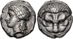 Greek BRUTTIUM, Rhegion. Circa 356-351 BC. AR Tetradrachm (24mm, 17.11 g, 9h). Head of Apollo left, with long hair, wearing laurel wreath; [PHΓINOΣ to left] / Lion mask facing. Herzfelder 115bis (D71/