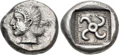 Greek DYNASTS of LYCIA. Teththiweibi. Circa 450-430/20 BC. AR Stater (19.5mm, 9.73 g, 6h). Wehñte (Phellos) mint. Head of Aphrodite left, hair in band and tied in bun at the back / Tetraskeles within 