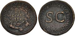Roman Imperial Divus Augustus. Died AD 14. Æ Sestertius (35.5mm, 27.86 g, 12h). Rome mint. Struck under Tiberius, AD 35-36. OB/ CIVES/ SER in three lines on shield within oak-wreath supported by two c