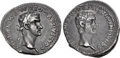 Roman Imperial Gaius (Caligula), with Germanicus. AD 37-41. AR Denarius (20mm, 3.51 g, 9h). Lugdunum (Lyon) mint. 2nd emission, 1st phase, late AD 37. Bare head of Gaius (Caligula) right / Bare head o
