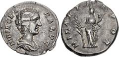 Roman Imperial Didia Clara. Augusta, AD 193. AR Denarius (17.5mm, 2.99 g, 6h). Rome mint. Struck under Didius Julianus. Draped bust right / Hilaritas standing left, holding long palm frond and cornuco