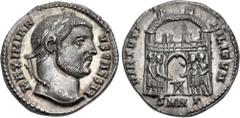 Roman Imperial Galerius. As Caesar, AD 293-305. AR Argenteus (16.5mm, 3.16 g, 12h). Nicomedia mint, 3rd officina. 1st emission, late AD 295-296. Laureate head right / four tetrarchs sacrificing over t