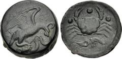 Greek SICILY, Akragas. Circa 415-406 BC. Æ Tetras – Trionkion (22mm, 10.76 g, 9h). Eagle, wings spread, standing right on, and tearing at, serpent / Crab; three pellets (mark of value) around; below, 
