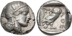 Greek ATTICA, Athens. Circa 454-404 BC. AR Tetradrachm (24mm, 17.18 g, 1h). Helmeted head of Athena right, with frontal eye / Owl standing right, head facing, closed tail feathers; olive spray and cre