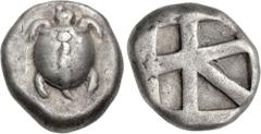 Greek ISLANDS off ATTICA, Aegina. Circa 480-457 BC. AR Stater (19mm, 12.24 g, 8h). Sea turtle, head in profile, with 'T-back' design on shell / Large square incuse with skew pattern. Meadows, Aegina, 
