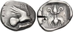 Greek ELIS, Olympia. 83rd-87th Olympiad. 448-432 BC. AR Drachm (20mm, 5.59 g, 6h). Eagle right, tearing at hare held in talons / Thunderbolt with volutes above and wings below, within incuse square. S