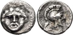 Greek PISIDIA, Selge. Circa 350-300 BC. AR Tetartemorion (6mm, 0.15 g, 2h). Facing gorgoneion / Helmeted head of Athena right. Cf. SNG BN 1929–34 (diobols); otherwise, unpublished in the standard refe