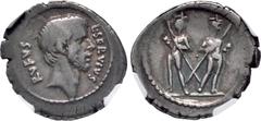 Roman Republican Moneyer issues of Imperatorial Rome. L. Servius Rufus. 43 BC. AR Denarius (18.5mm, 3.82 g, 11h). Rome mint. Bare head (of Brutus?) right / The Dioscuri standing facing, each holding s
