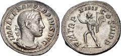 Roman Imperial Severus Alexander. AD 222-235. AR Denarius (21mm, 2.18 g, 6h). Rome mint. 18th emission, January–February/March AD 235. Laureate, draped, and cuirassed bust right / Sol, radiate, standi