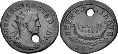 Roman Imperial Carus. AD 282-283. Double Antoninianus (22mm, 3.23 g, 7h). Lugdunum (Lyon) mint. Autumn AD 282. IMP C M AVR CARVS P F AVG, radiate, draped, and cuirassed bust right / ABVNDANTIA AVG, ga