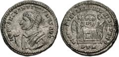 Roman Imperial Constantine I. AD 307/310-337. "BI Pseudo-Argenteus" – Follis (18mm, 3.44 g). Treveri (Trier) mint. Struck circa 310-313. Helmeted, draped, and cuirassed bust left / Two Victories stand