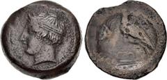 Greek SICILY, Akragas. Circa 400-380 BC. Æ Hemilitron (27mm, 18.05 g, 1h). Horned head of young river god Akragas left, wearing tainia / Eagle standing left, head right, on Ionic capital; crab to left