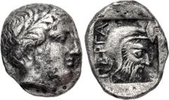 Greek MYSIA, Pergamon. Circa 400 BC. AR Hemidrachm (10.5mm, 1.70 g, 1h). Chian standard. Laureate head of Apollo right / Bearded head right, wearing Persian tiara, within incuse square. Von Fritze, Pe