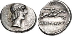 Roman Republican L. Calpurnius Piso Frugi. 90 BC. AR Denarius (18.5mm, 4.09 g, 1h). Rome mint. Laureate head of Apollo right; * behind head, A below chin / Horseman, holding palm frond and reins, gall