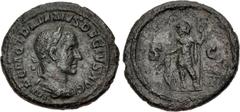 Roman Imperial Trajan Decius. AD 249-251. Æ Semis (20.5mm, 4.33 g, 12h). Rome mint, 5th officina. 3rd emission, AD 250. Laureate and cuirassed bust right / Mars standing left, holding shield set on gr