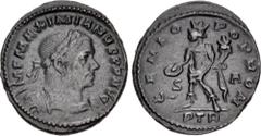 Roman Imperial Galerius. AD 305-311. Æ Half Follis (22mm, 5.11 g, 6h). Treveri (Trier) mint, 1st officina. Struck circa summer AD 307. Laureate and cuirassed bust right / Genius standing left, holding