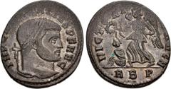Roman Imperial Maxentius. AD 307-312. Æ Follis (22mm, 6.00 g, 12h). Rome mint, 2nd officina. 6th emission, AD 308-310. Laureate head right / Victory advancing left, holding wreath and palm frond, capt