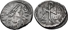 Byzantine Justinian I. 527-565. AR Light Half Siliqua (12.5mm, 0.99 g, 8h). Carthage mint. Struck 552-565. Diademed, draped, and cuirassed bust right / Large staurogram; A - ω flanking; all within wre