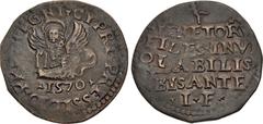 World ITALY, Venezia (Venice). Coinage struck during the Siege of Cyprus. CU Bisante ossidionale (28mm, 6.28 g, 10h). Dated 1570. Lion of St. Mark reclining left, holding Gospel in paws / Legend in fi
