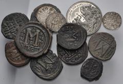 Large Lots MIXED. Byzantine - World. Lot of thirteen (13) mostly bronze issues. Includes: Byzantine: Justinian I. Æ Follis // Æ 16 Nummi. Thessalonica mint // Justin II, with Sophia. Æ Follis (4) // H