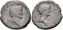 Mark Antony and Cleopatra. Autumn 34 BC. AR Denarius (17mm, 3.29 g, 1h). Alexandria mint. Bare head of Mark Antony right; behind, three-pointed Armenian tiara right / Diademed and draped bust of Cleop