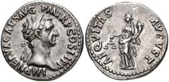 Nerva. AD 96-98. AR Denarius (18mm, 3.41 g, 6h). Rome mint. Struck AD 96. Laureate head right / Aequitas standing left, holding scales and cornucopia. RIC II 1; RSC 3. Near EF, lightly toned. Ex Coin 
