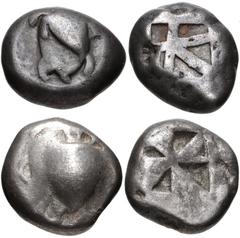 GREEK. Central & Southern Greece. Lot of Two (2) AR Staters of Aegina. Includes: Circa 510-490 BC. AR Stater. Sea turtle / Windmill pattern with four sunken segments. Milbank pl. I, 11; SNG Copenhagen
