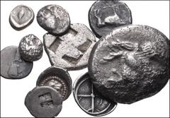 GREEK. Miscellaneous. Lot of Ten (10) AR from Lucania to Lycia. Includes: Lucania, Poseidonia. AR Diobol // Sicily, Syracuse. AR Obol // Thrace, Thasos. AR Obol // AR Diobol // Ionia, Miletos. AR. Ros