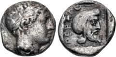 Greek MYSIA, Pergamon. Circa 400 BC. AR Hemidrachm (11mm, 1.55 g, 11h). Chian standard. Laureate head of Apollo right / Bearded head right, wearing Persian tiara, within incuse square. Von Fritze, Per