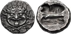 Greek IONIA, Uncertain. 5th century BC. AR Twelfth Stater(?) (9mm, 0.99 g). Facing gorgoneion; [tiny bee above?] / Bisected rough incuse square. Hauck & Aufhäuser 14, lot 143 (Ephesos); CNG 58, lot 56