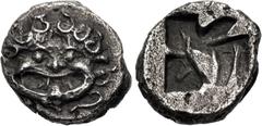 Greek IONIA, Uncertain. 5th century BC. AR Twenty-fourth Stater(?) (6.5mm, 0.32 g). Facing gorgoneion; [tiny bee above?] / Rough incuse square. Hauck & Aufhäuser 14, lot 144 (Ephesos); M&M GmbH, lot 3
